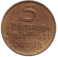 Монета 5 пфеннигов. 1932 год, Данциг. Тюрбо. Монета 5 пфеннигов. 1932 год, Данциг. Тюрбо.