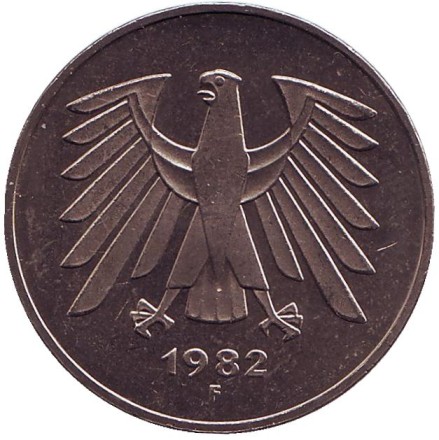 Монета 5 марок. 1982 год (F), Германия. Монета 5 марок. 1982 год (F), Германия.