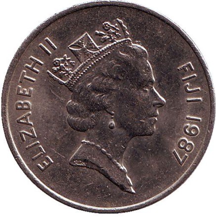 Монета 10 центов. 1987 год, Фиджи. Метательная дубинка - ула тава тава.