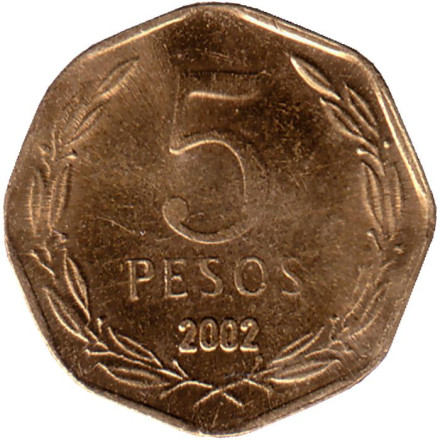 Монета 5 песо. 2002 год, Чили. Бернардо О’Хиггинс.