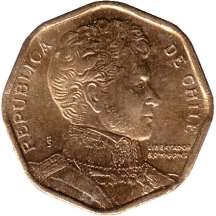 Монета 5 песо. 2002 год, Чили. Бернардо О’Хиггинс. Монета 5 песо. 2002 год, Чили. Бернардо О’Хиггинс.