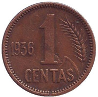 Монета 1 цент. 1936 год, Литва.