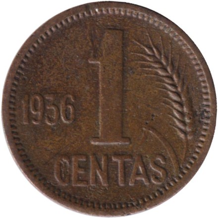 Монета 1 цент. 1936 год, Литва.