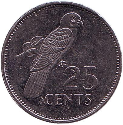 Монета 25 центов. 1997 год, Сейшельские острова. (магнитная) Попугай.