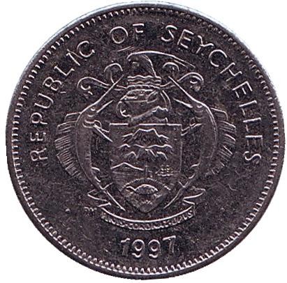 Монета 25 центов. 1997 год, Сейшельские острова. (магнитная) Попугай. Монета 25 центов. 1997 год, Сейшельские острова. (магнитная) Попугай.