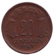 Монета 20 сентаво. 1943 год, Чили. Монета 20 сентаво. 1943 год, Чили.