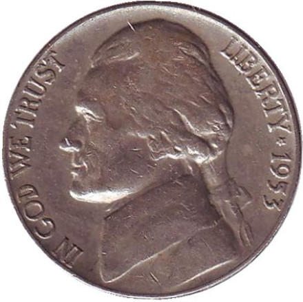 Монета 5 центов. 1953 год (D), США. Джефферсон. Монтичелло.