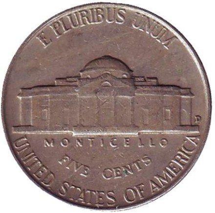 Монета 5 центов. 1953 год (D), США. Джефферсон. Монтичелло. Монета 5 центов. 1953 год (D), США. Джефферсон. Монтичелло.