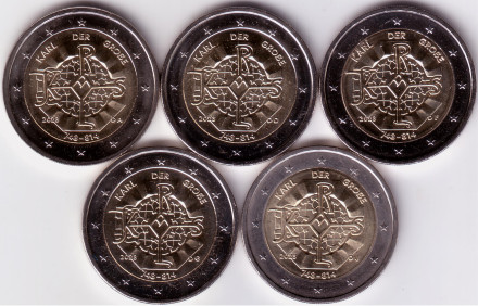 Набор из 5 монет разных монетных дворов. 2 евро. 2023 год, Германия. 1275 лет со дня рождения Карла Великого.