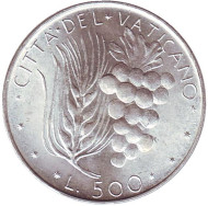 Монета 500 лир. 1975 год, Ватикан. Пшеница и виноград. Монета 500 лир. 1975 год, Ватикан. Пшеница и виноград.