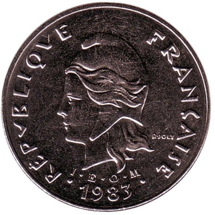 Монета 50 франков. 1983 год, Новая Каледония. UNC. Хижина островитян. Монета 50 франков. 1983 год, Новая Каледония. UNC. Хижина островитян.