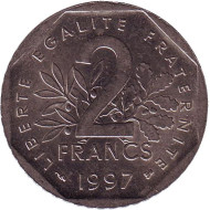 Монета 2 франка. 1997 год, Франция. Монета 2 франка. 1997 год, Франция.