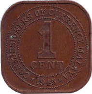 Монета 1 цент. 1945 год, Британская Малайя. Монета 1 цент. 1945 год, Британская Малайя.