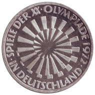 Монета 10 марок, 1972 год, ФРГ. Эмблема "In Deutschland". XX Летние Олимпийские игры. Мюнхен-1972. (F).