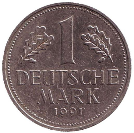Монета 1 марка. 1991 год (J), ФРГ. Из обращения.