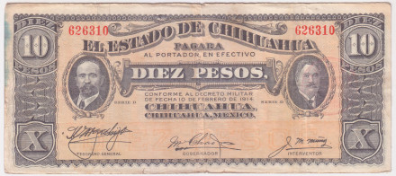 Банкнота 10 песо. 1914 год, Мексика (Штат Чиуауа). Красная круглая печать. S533c. №626310.
