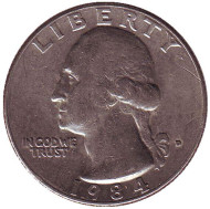 Монета 25 центов. 1984 (D) год, США. Вашингтон. Монета 25 центов. 1984 (D) год, США. Вашингтон.