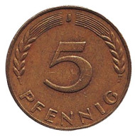Монета 5 пфеннигов. 1968 год (J), ФРГ. Дубовые листья. Монета 5 пфеннигов. 1968 год (J), ФРГ. Дубовые листья.