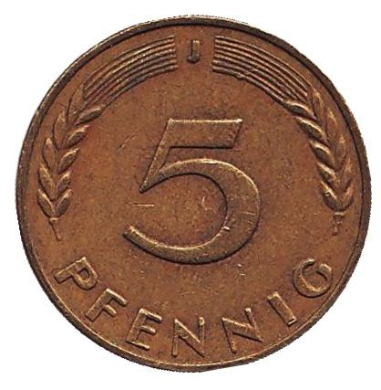 Монета 5 пфеннигов. 1968 год (J), ФРГ. Дубовые листья.