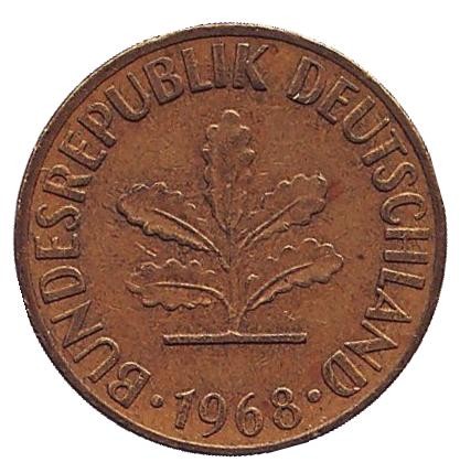 Монета 5 пфеннигов. 1968 год (J), ФРГ. Дубовые листья.