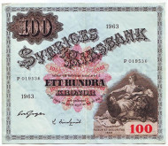 Банкнота 100 крон. 1963 год, Швеция. Банкнота 100 крон. 1963 год, Швеция.