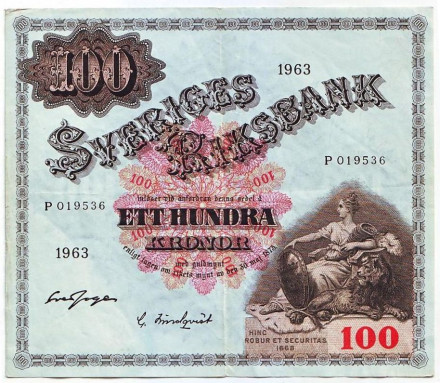 Банкнота 100 крон. 1963 год, Швеция.