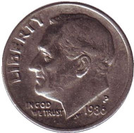 Монета 10 центов. 1986 (P) год, США. Рузвельт. Монета 10 центов. 1986 (P) год, США. Рузвельт.