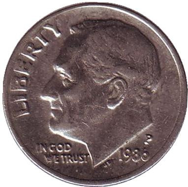Монета 10 центов. 1986 (P) год, США. Рузвельт.