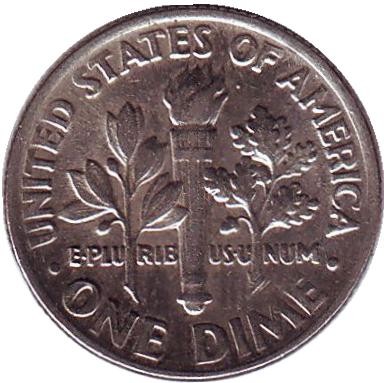 Монета 10 центов. 1986 (P) год, США. Рузвельт. Монета 10 центов. 1986 (P) год, США. Рузвельт.