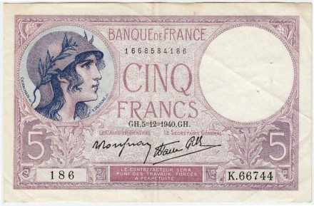 Банкнота 5 франков. 1940 год, Франция.