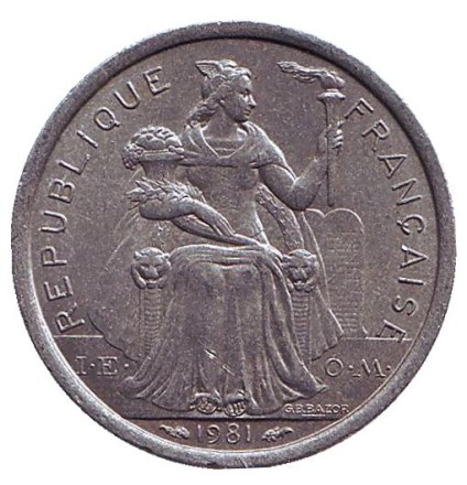 Монета 1 франк. 1981 год, Новая Каледония. XF-UNC. Птица кагу. Монета 1 франк. 1981 год, Новая Каледония. XF-UNC. Птица кагу.