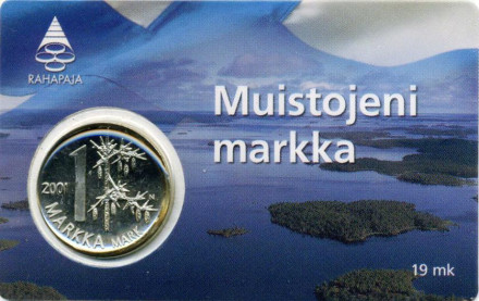 Монета 1 марка. 2001 год, Финляндия. (в коинкарте). Последняя финская марка.