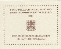 1950 лет мученичеству Святого Петра и Святого Павла. Монета 2 евро. 2017 год, Ватикан. (в буклете).