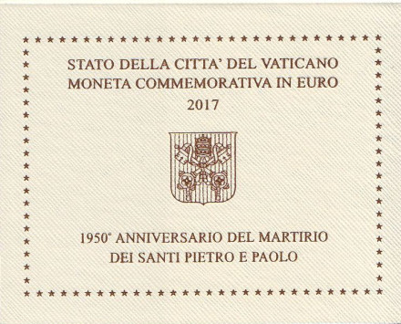 Монета 2 евро. 2017 год, Ватикан. (в буклете). 1950 лет мученичеству Святого Петра и Святого Павла.