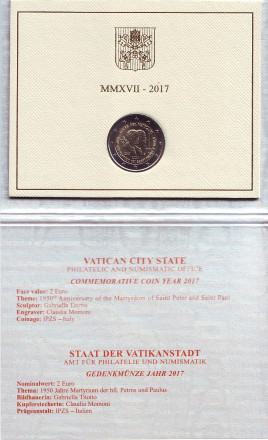Монета 2 евро. 2017 год, Ватикан. (в буклете). 1950 лет мученичеству Святого Петра и Святого Павла.