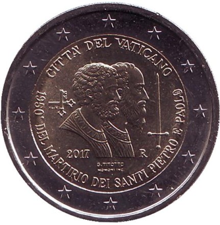 Монета 2 евро. 2017 год, Ватикан. (в буклете). 1950 лет мученичеству Святого Петра и Святого Павла.