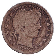 Монета 25 центов. 1898 год, США. (Без отметки монетного двора) "Четверть доллара Барбера". Монета 25 центов. 1898 год, США. (Без отметки монетного двора) "Четверть доллара Барбера".