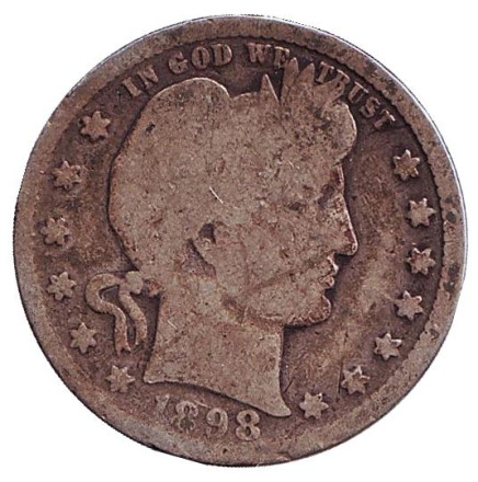 Монета 25 центов. 1898 год, США. (Без отметки монетного двора) "Четверть доллара Барбера".