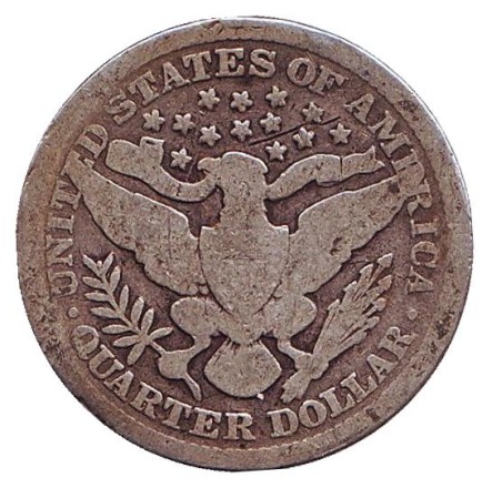 Монета 25 центов. 1898 год, США. (Без отметки монетного двора) "Четверть доллара Барбера".