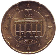 Монета 20 центов. 2002 год (D), Германия. Монета 20 центов. 2002 год (D), Германия.