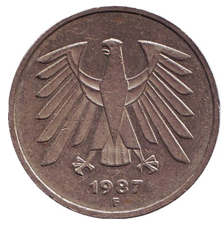 Монета 5 марок. 1987 год (F), ФРГ. Монета 5 марок. 1987 год (F), ФРГ.