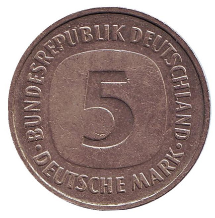Монета 5 марок. 1987 год (F), ФРГ.