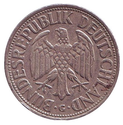 Монета 1 марка. 1955 год (G), ФРГ.