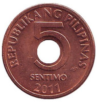 Монета 5 сентимо. 2011 год, Филиппины. Монета 5 сентимо. 2011 год, Филиппины.