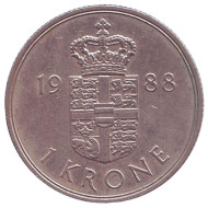 Монета 1 крона. 1988 год, Дания. Монета 1 крона. 1988 год, Дания.
