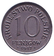 Монета 10 фенигов. 1917 год, Польша. (Германская оккупация). Раскол. Монета 10 фенигов. 1917 год, Польша. (Германская оккупация). Раскол.