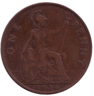 Монета 1 пенни. 1934 год, Великобритания. Монета 1 пенни. 1934 год, Великобритания.