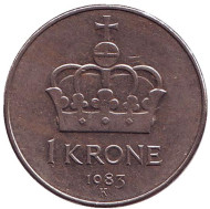 Монета 1 крона. 1983 год, Норвегия. Корона. Монета 1 крона. 1983 год, Норвегия. Корона.