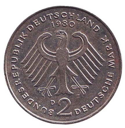Монета 2 марки. 1980 год (D), ФРГ. Курт Шумахер. Монета 2 марки. 1980 год (D), ФРГ. Курт Шумахер.