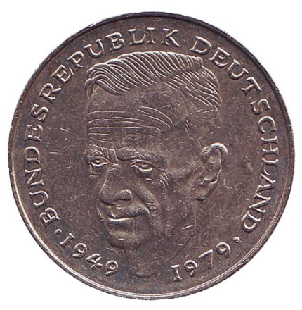 Монета 2 марки. 1980 год (D), ФРГ. Курт Шумахер.